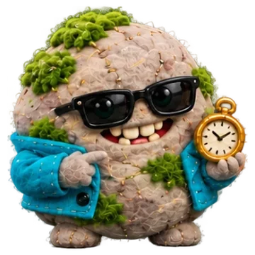 TIKKO, uma pedra com musgo segurando um relógio de bolso